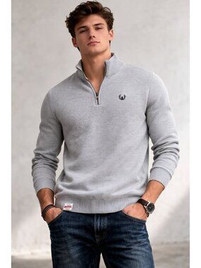 Diesel Men's gray textured quarter-zip sweater small logo on chest on the hem XL